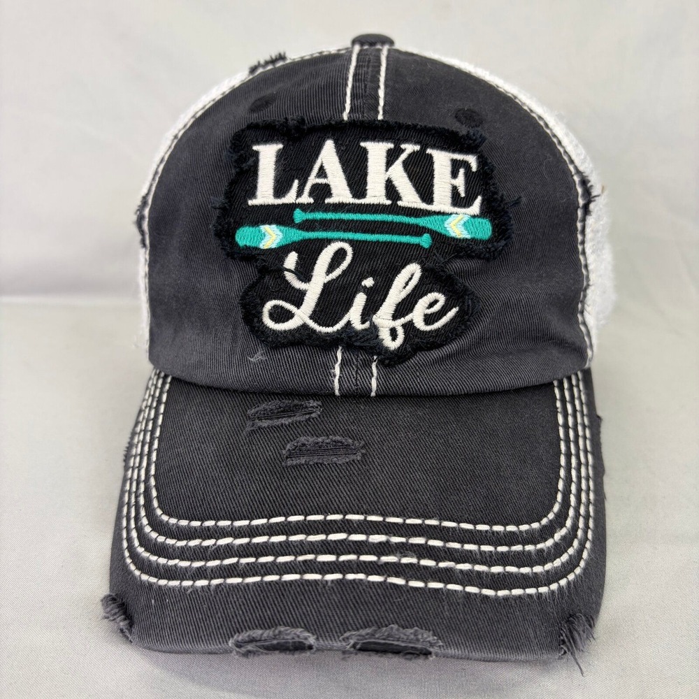 KBETHOS Trucker Hat Lake Life Unisex OSFA Black Distressed Mesh Snapback